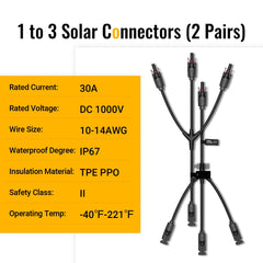 ACOPOWER Solar Y Branch Connectors Solar Panel Parallel Connectors 1 to 3 Solar Cable Wire Plug Tool Kit (M/FFF and F/MMM)